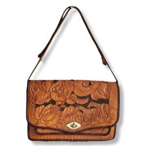 Vtg Mexican Hand Tooled Leather Bag Horses Roses Retro Boho Hippie Artsy Artisan